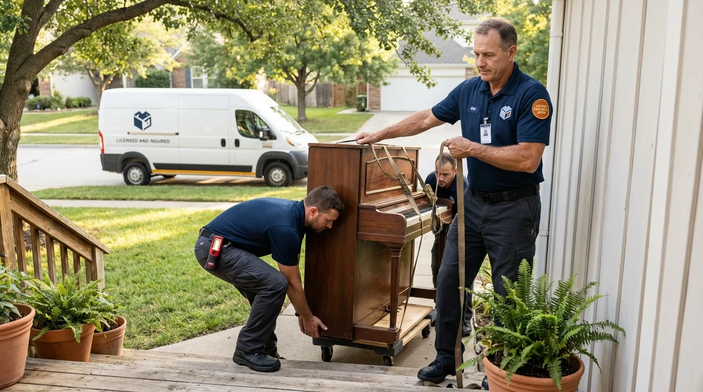 Licensed piano movers securing grand piano in Norwalk, IA