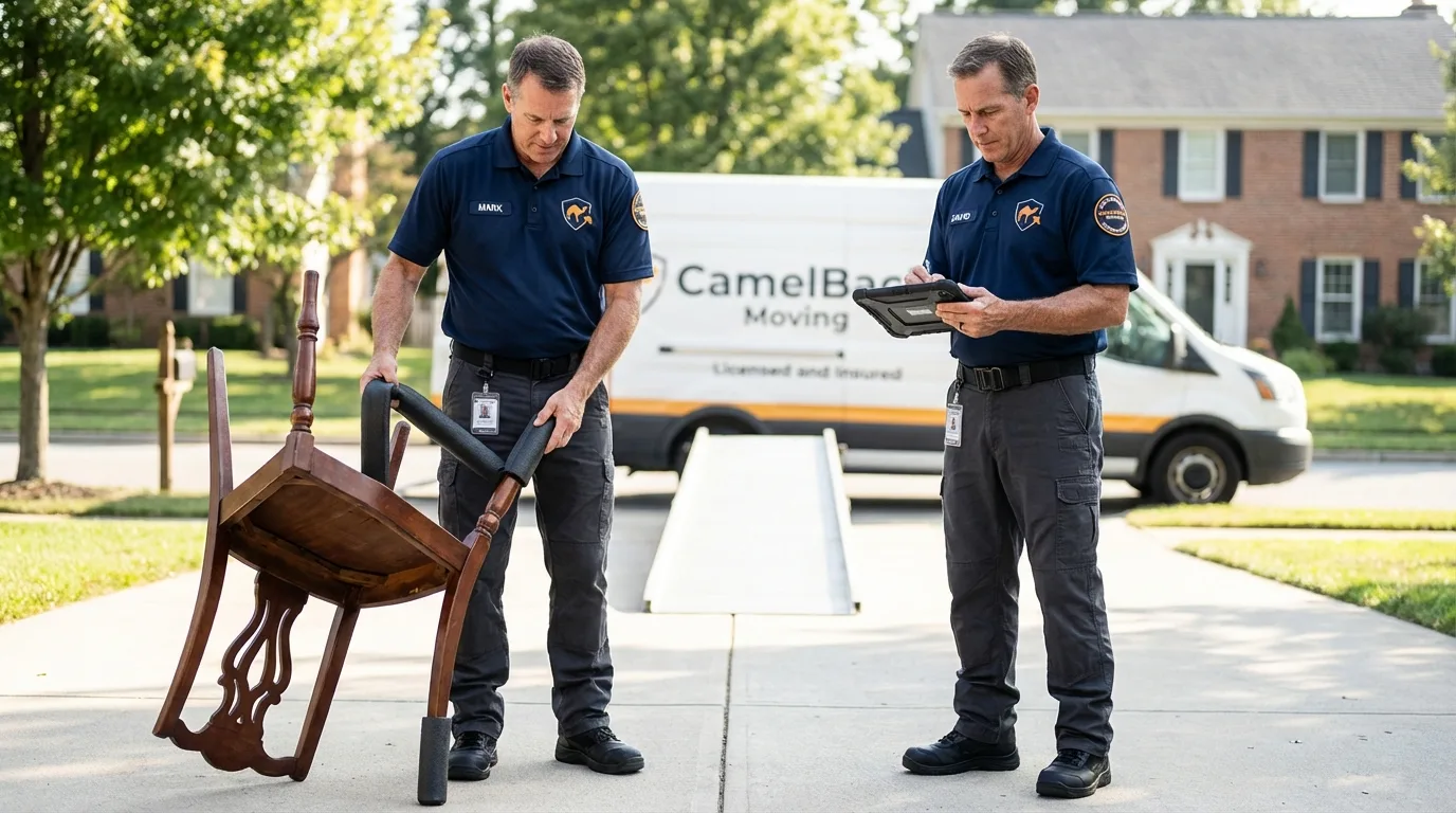 Movers inspecting furniture for damage prevention before loading in Norwalk, IA